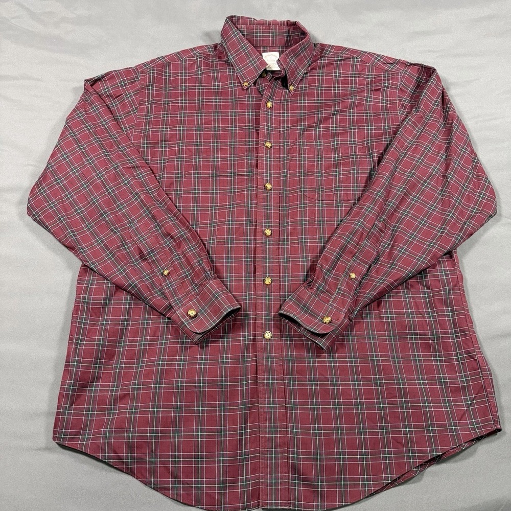 Brooks Brothers Button Down Size Large‎ Red Plaid All Cotton Non-Iron Preppy